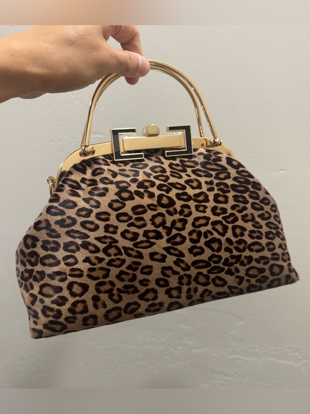 Leopard Print Handmade Real Hair-on Horsehide Top Handle, Push Lock Frame Bag - Picture 5 of 16